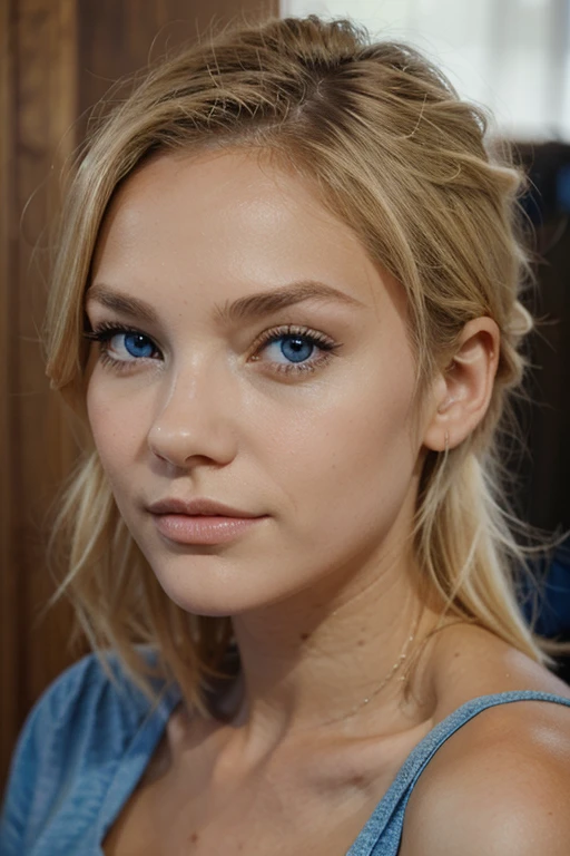 Femme, yeux bleu, cheveux blond, type suédoise