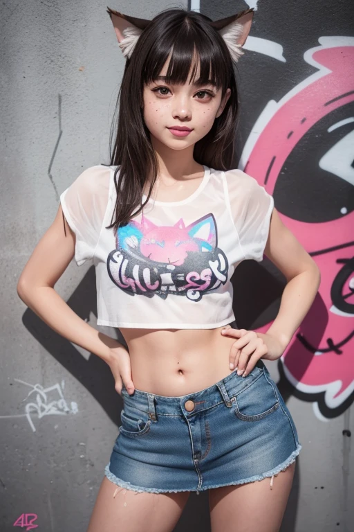 a cute young catgirl with a baby face and very slim figure, wearing a short denim skirt, micro shorts, crop top, and see-through top, showing nipples, striking a cool pose for a photo, with a shy smile, in a graffiti art background, hyperrealistic, 4k, flat chest, thick eyebrows, blunt bangs, brown eyes, freckles, adult