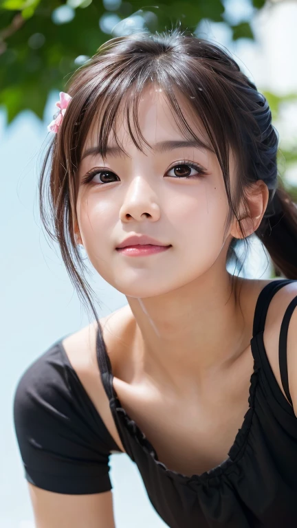 (Highest quality,masterpiece:1.3,Ultra-high resolution),(Very detailed,Caustics,8k),(Realistic:1.4,RAW shooting),21 years old,Japanese,cute,Black short ponytail,I'm looking at the camera with a smile on my face,Miko costume,forward leaning posture,Waist up shot,(Face Focus:1.2),(Face close-up:1.2),(Low position:1.3),(Low Angle:1.4),blue sky,Natural light