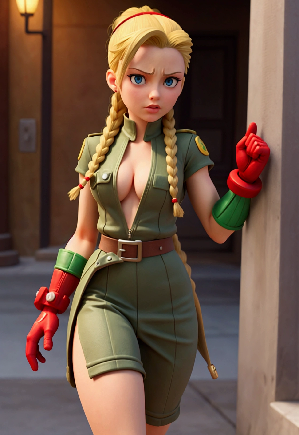 Cammy de Street fighter, sexy military style clothing, Green beret, nationality England, United Kingdom, Height 164 cm, Weight 46 kg, blue eyes/greens, blond hair, hair styled in a braid, Bust measurements 86 cm, waist 57 cm, hips 88 cm,  Fighting style Shadaloo fighting techniques (Cammy Shadaloo), Delta Red training for self defense, (masterpiece), cinema quality, realistic photography, ultra high definition,