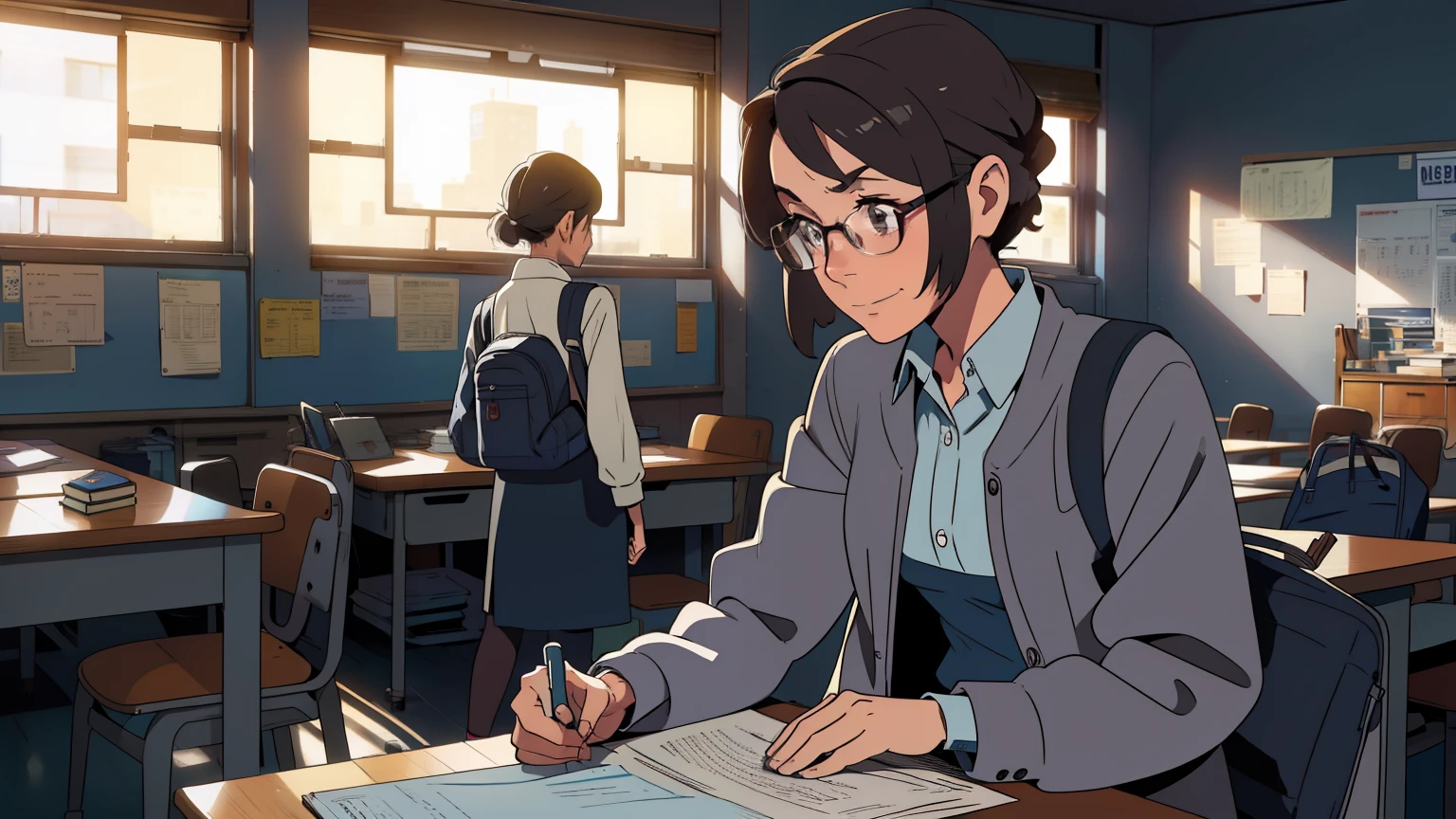 Beautiful,rubio,SPECTS azules, 1 16 year old girl, , in classroom ,Strain,lost in its hardness,smile,Sleepy,uniform,Clean and orderly class, gray coat,Full sleeve shirt ,sitting at a desk,Confused,alone,look down , shy,anxious,Look the other way,shocked,disappointed, ,compassionate,nderstanding,walking,book bag,walking out of class