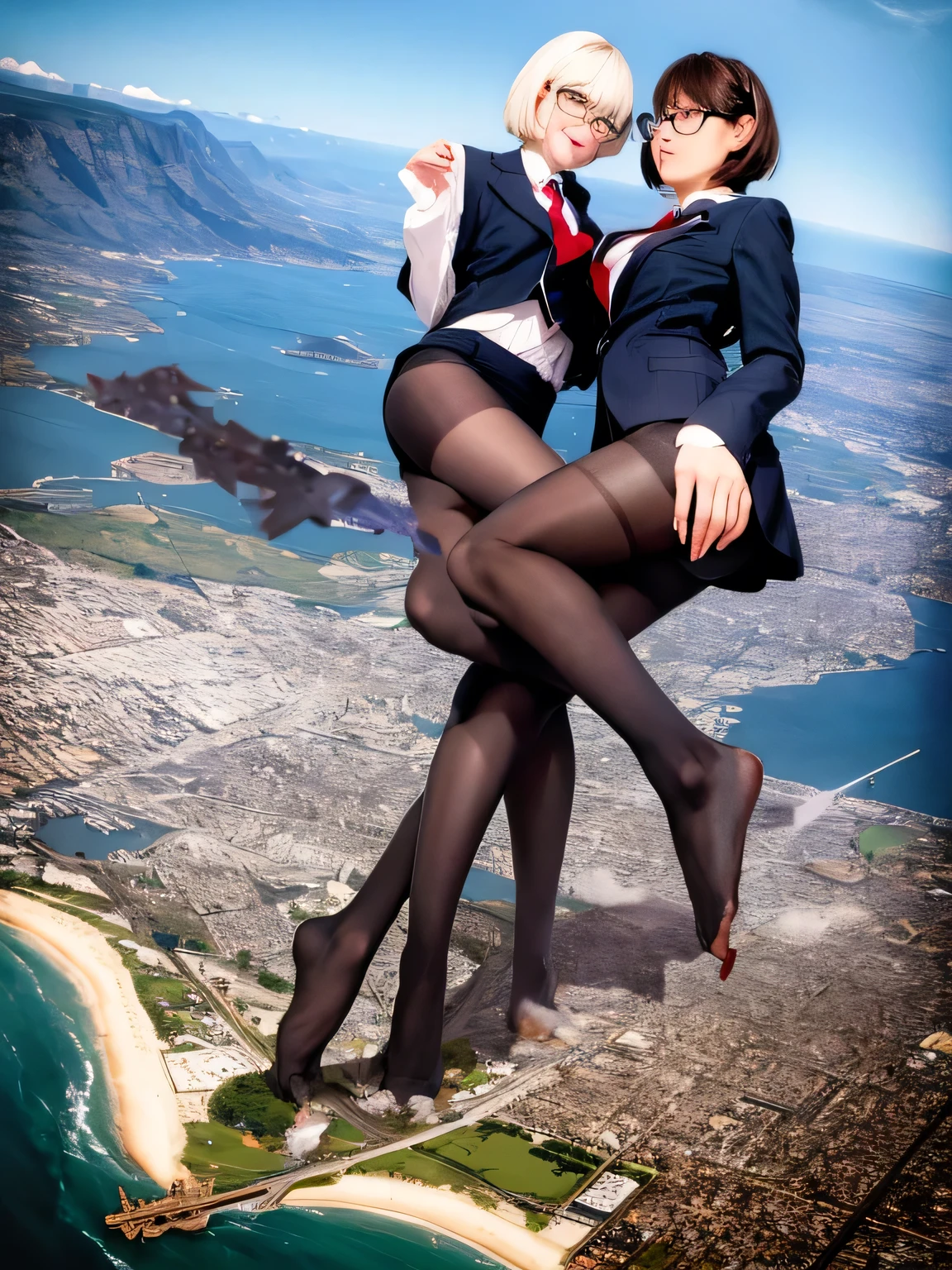 multiple girls, 3girls, standing, giantess art, highly detailed giantess shots, giantess, most detailed, perfect face, Two legs, Five fingers, short hair, A high school girl who is bigger than a skyscraper, Wearing rimless glasses, smile, huge breasts, Navy blazer, Red tie, mini skirt, black pantyhose, no shoes on, toes visible through pantyhose, Steam coming out from the soles of my feet, seaside metropolis, numerous miniature warships on the sea, Destroying cities, Under heavy attack, A very small big city, Miniature metropolis, Full body description, GTS, giga giantess, stomping city, crash city, tiny city, micro city, pantyhose feet, High resolution, highest quality, masterpiece,