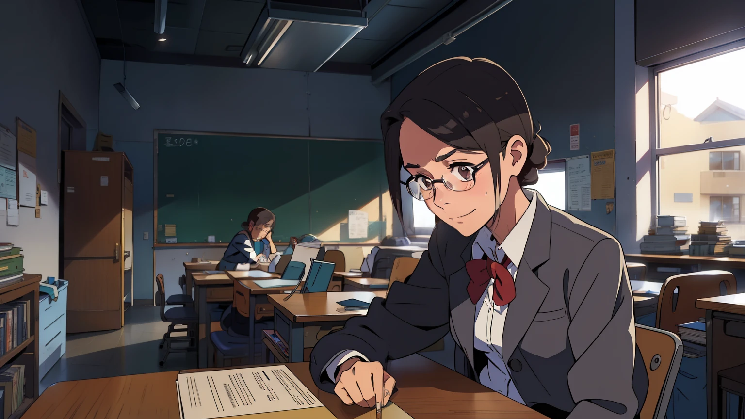 Beautiful,rubio,SPECTS azules, 1 16 year old girl, , in classroom ,Strain,lost in its hardness,smile,Sleepy,uniform,Clean and orderly class, gray coat,Full sleeve shirt ,sitting at a desk,Confused,alone,look down , shy,anxious,Look the other way,shocked,disappointed, ,compassionate,nderstanding,walking,book bag,walking out of class