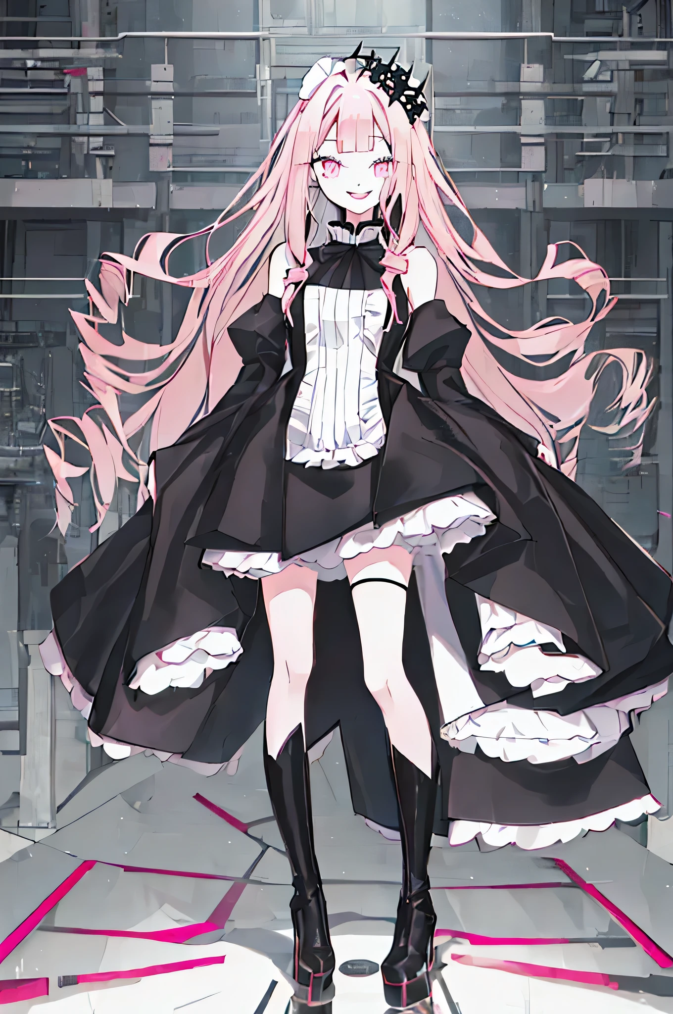 (solo), (girl),(((adult))), (pink eyes),(black long hair),(blunt bangs),(+perfect hand+:1.21),(Draw an illustration of cute girl),(slender),white skin,(white and black maid clothes),laugh,smile,((((adult)))),standing , black and white clothes,((black long hair)),((black long hair)),((black long hair)),((black long hair)),((dynamic angle)),(dynamic pose), hall,evil smile,((factory background)),((full body)),((full body)),((full body)),(gothic boots),thin legs,slender,(elegant dress),