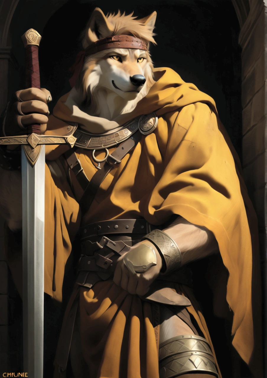 Solo Sexy anthro furry wolf male; ancient Mediterranean desert warrior; slim mesomorph handsome model apperance apperance; boy's messy short hair headband; sexy toned muscules; sword scars; worn out rusty sexy skimpy armament. He has low on hips heavy leather studded heavy belt. he has narrow in the crotch very old worn out jockstrap (smelly jockstrap fetish); His jockstrap it is made of old white linen material sewn together from a few pieces, it has never been washed, it is dirty and has stains from secretions of dried semen and sweat; His armor is old heavy brown harness with armlets studded with spikes; he has old brown leather BFR Bands on Biceps and his thighs, he has old worn out fingerless leather gloves. Even though he is a handsome and sexy man, he has a sloppy appearance, has disheveled unwashed dirty fur, dirty body look. He stands proudly bravely with one foot on a higher stone in the Mediterranean sunny pine forest; he has a proud, threatening and defiant expression on his face, with little dirty dangerous smile;