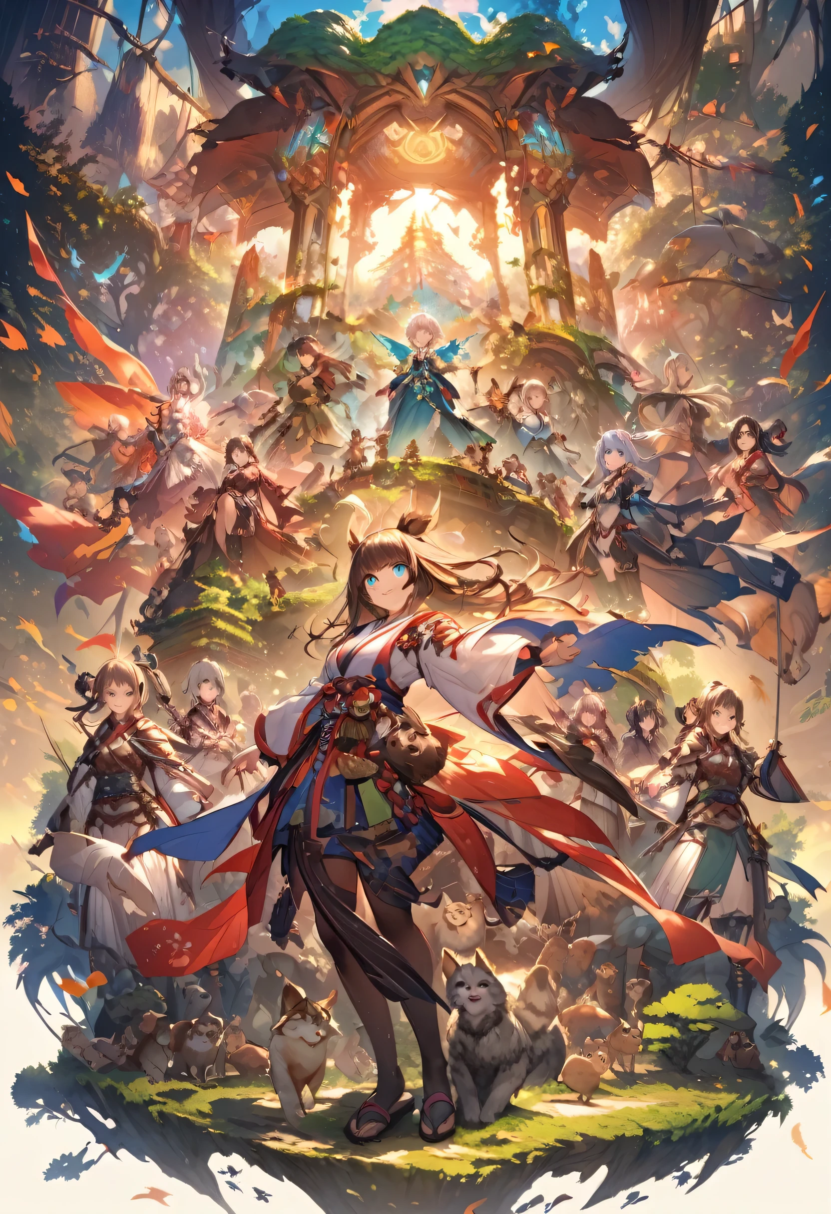 mysterious forest、lots of animals、fantasy、state of the city、Japanese style、high detail、anatomically correct、lots of teenage girls、Gradient colored eyes、smile、The beginning of a great adventure