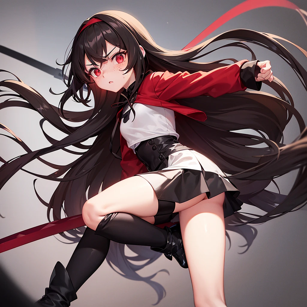 1 girl, long brown hair, red eyes, Freckles, fair skin, black headband, red jacket, black top, black skirt, black boots, long black socks, serious facial expression, Red ribbon, a sword in his hand