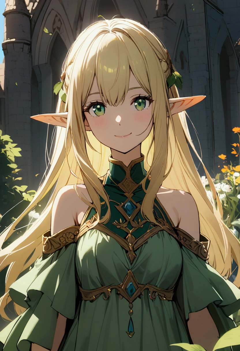 1girl with long blonde hair, green eyes,elven ears, green dress with open shoulders, smile,castle garden, upper face