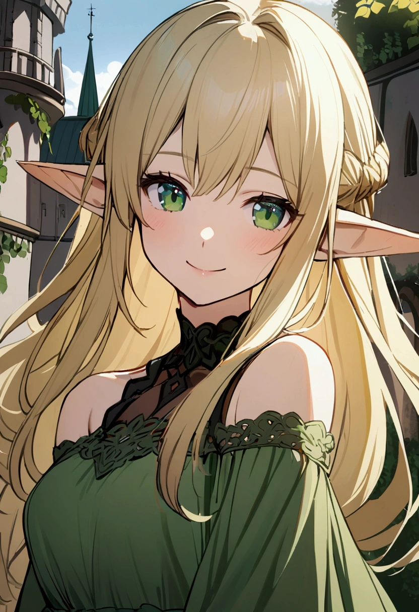 1girl with long blonde hair, green eyes,elven ears, green dress with open shoulders, smile,castle garden, upper face