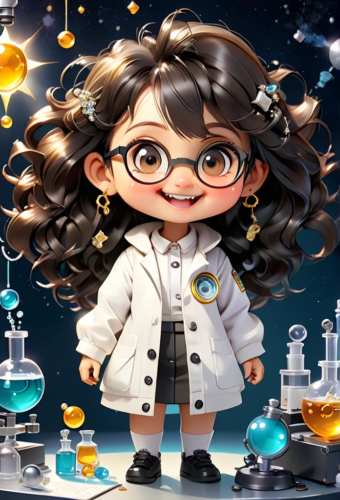 (((Chibi Baby UHD)))Chemistry remains with its original characteristics (your eyes are the color of honey ) (chibi wears 1 pearl ball earring )MASCOT and , atoms, Molecules ,Has black hair , Blind box style and model with popular market style, The sunlight shines, , hyper qualit, sharp features, Ultra HD and 8K resolution,Cool Hand Drawn Illustration,fly away (Inside out disgusting), Create a series of best quality cute chibi dolls,ultra details,realisitic,Science Laboratory,Chemical experiment,ultra HD, chemical equipment,scientists working,cups,UHD Bunsen Burner ,Microscope,laboratory glassware,measuring cylinders,labcoats,Round nerd glasses ,science books,Periodic table,scientific research,discoveries,new inventions,Innovation,aprendizagem,education,Scientific culture wears coat with details of buttons and brooches , her coat is charming and cute with ultra chemical details ,Curiosidade,Technological advancements,swirly vibrant colors,soft lighting,modern laboratory,nerdy atmosphere,laboratory instruments,hypothesis testing,Scientific method,symbolic representation,Critical thinking,Experiments ,Precision,Precision,details Intricate,impressive scientific setup,natural elements,exploration of the mysteries of science,unlocking the secrets of nature. Baby chibi is happy and excited, remember to use chemical laboratory glassware, The blackboard behind the cute chibi baby is written the structure of caffeine in white chalk 18K UHDBlack hair, pretty long hair, American propaganda poster, shine light, 3D rendering, laughter,