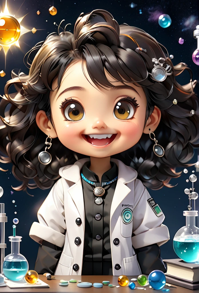 (((Chibi Baby UHD)))Chemistry remains with its original characteristics (your eyes are the color of honey ) (chibi wears 1 pearl ball earring )MASCOT and , atoms, Molecules ,Has black hair , Blind box style and model with popular market style, The sunlight shines, , hyper qualit, sharp features, Ultra HD and 8K resolution,Cool Hand Drawn Illustration,fly away (Inside out disgusting), Create a series of best quality cute chibi dolls,ultra details,realisitic,Science Laboratory,Chemical experiment,ultra HD, chemical equipment,scientists working,cups,UHD Bunsen Burner ,Microscope,laboratory glassware,measuring cylinders,labcoats,Round nerd glasses ,science books,Periodic table,scientific research,discoveries,new inventions,Innovation,aprendizagem,education,Scientific culture wears coat with details of buttons and brooches , her coat is charming and cute with ultra chemical details ,Curiosidade,Technological advancements,swirly vibrant colors,soft lighting,modern laboratory,nerdy atmosphere,laboratory instruments,hypothesis testing,Scientific method,symbolic representation,Critical thinking,Experiments ,Precision,Precision,details Intricate,impressive scientific setup,natural elements,exploration of the mysteries of science,unlocking the secrets of nature. Baby chibi is happy and excited, remember to use chemical laboratory glassware, The blackboard behind the cute chibi baby is written the structure of caffeine in white chalk 18K UHDBlack hair, pretty long hair, American propaganda poster, shine light, 3D rendering, laughter,