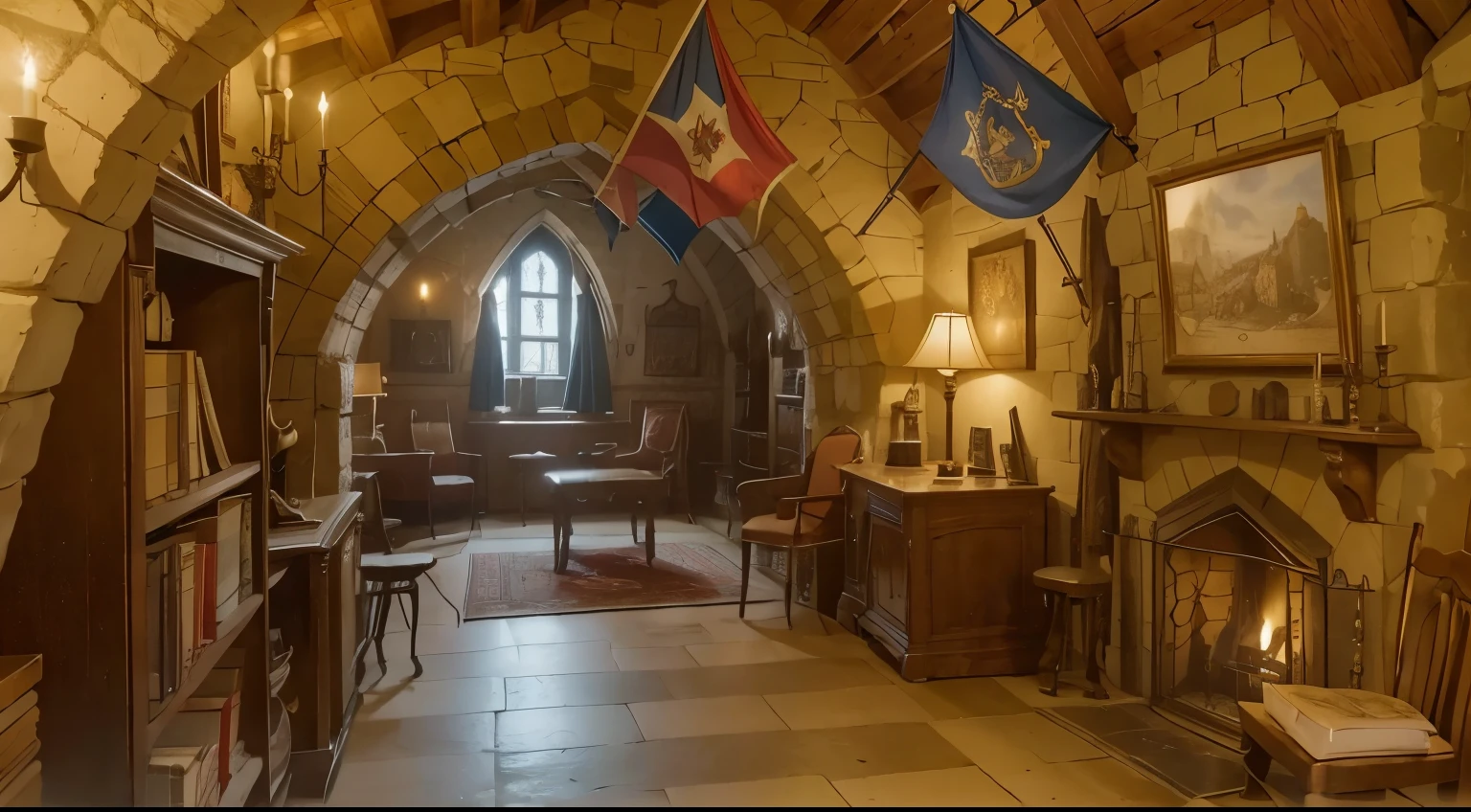 a pretty medieval catle room full of medieval castle objects, a heraldic fireplace, medieval book shelf, medieval chairs, a window in winter, fantasy castle, high resolution, a cup of tea, a medieval side cavalier, heraldic flags standart, a frame of cavaliers in wall, Medieval Knight Plate Armor, a cup of the on chair