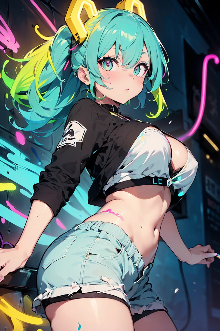 (Sheep Girl), pajamas, sleep, Anime girl wearing a cap,(Sexy ass), (Big Breasts:1.3),((Upward glance:1.3, Perfect Eyes , レインボーは超detailedなターコイズレッドの目を輝かせます:1.1, Gradient Eye:1, Beautiful detailed eyes:1, Symmetrical eyes:1, Big Eye Highlights:1.2)), blush, (Open your mouth), In a psychedelic room, (White skin: 1.5, Sunburned skin, Bright body), Psychic Tranceのイラスト, Psychic Trance, psychedelic art style, Neon Color Theme, (((masterpiece))), (Complex), 8k, Highest quality, (Visual Intensity: 1.5),

(((liquid paint hair:1.1))) ,(((Neon colored hair :1.5))), ((I drew、Defying Gravity,Strong currents),(Paint splashes:1.3), (Shiny Hair: 1.3), (Bright colors), Embarrassing,Scale to fit,Three-part method, A body nicely covered in paint on a multicolored background, Colorful Themes, Splash Paint Regeneration, Beautiful light, Colorful light particles,High contrast in clothing, Color Splash, Colored walls,  Complex detailed,  Exposure Blending, High resolution, (Graffiti art),more_detailed:0.5,