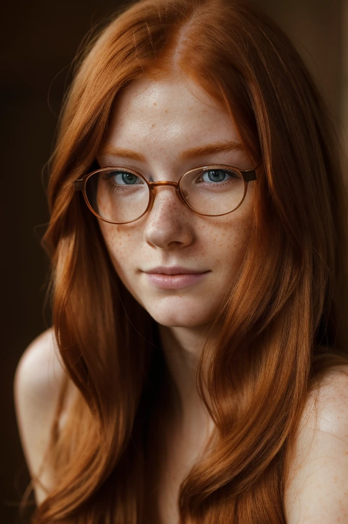 a 20yo cute ginger girl, long hair, redhead, glasses, (looking shy:1.3), freckles, detailed face, detailed skin, photography, (best quality,4k,8k,highres,masterpiece:1.2),ultra-detailed,(realistic,photorealistic,photo-realistic:1.37),studio lighting,sharp focus,vivid colors,natural lighting,warm color tones