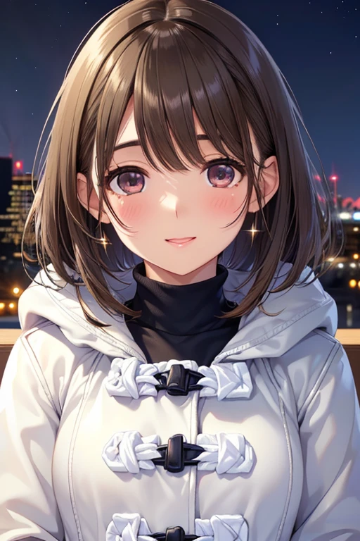 anegasaki nene、Shiny brown hair, short hair, (Beautiful brown eyes、Sparkling eyes, Fine grain)、smile、Ultra-detailed eyes、Highly detailed face, Highly detailed eyes,


(Close-up of a woman)、((Depiction of the upper body))、((20-year-old female))、((smile))、((blush))、((Please open your mouth a little、High resolution、32K))、((Cute Duffle Coat))、((Late Night City、neon))