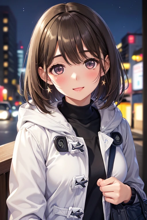 anegasaki nene、Shiny brown hair, short hair, (Beautiful brown eyes、Sparkling eyes, Fine grain)、smile、Ultra-detailed eyes、Highly detailed face, Highly detailed eyes,


(Close-up of a woman)、((Depiction of the upper body))、((20-year-old female))、((smile))、((blush))、((Please open your mouth a little、High resolution、32K))、((Cute Duffle Coat))、((Late Night City、neon))