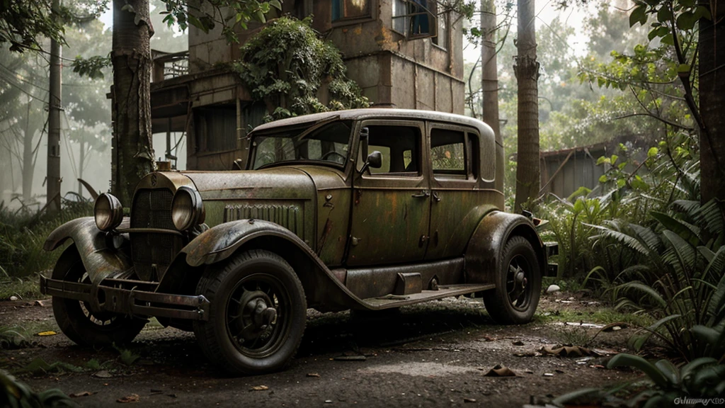 1920s abandoned car, vintage Honda Civic, overgrown vegetation, peeling paint, rusted metal, atmospheric lighting, gritty, moody, cinematic, natural lighting, dramatic shadows, detailed textures, realistic, muted color palette, photorealistic, award-winning photography, 8k, highly detailed