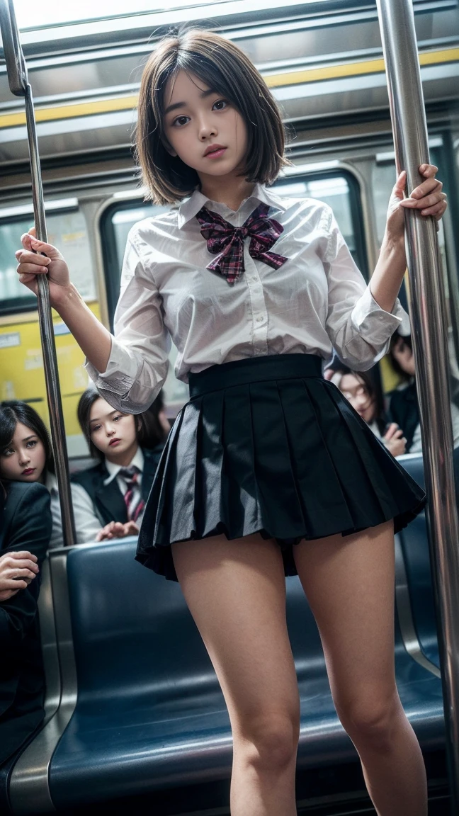 masterpiece, Highest quality, 8k, Young and beautiful girl, 、The clothes are big、photo shoot, Cute Face, Thighs, (((A lot of men、crowded train、in the train、Surrounded by men、Being touched、Being molested))) (((Embarrassing)))、Embarrassing、No makeup, 10 generations, Detailed face, Background Blur、Tight waist、((((School uniforms、White shirt、Checked mini skirt、Lift up your skirt、Showing pussy、Show me your pussy)))), short hair、Light brown hair、((痛みに耐えながら自分でLift up your skirtください..))、Bright classroom、Thighs、Spread your legs、short hair、(Droopy eyes、Round face、Lovely)、((Many Hands、Please touch my whole body))、(Please be molested by a lot of men、I&#39;ve been molested from behind)