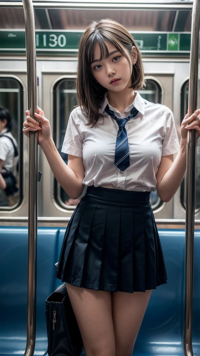 masterpiece, Highest quality, 8k, Young and beautiful girl, Baby Face、The clothes are big、photo shoot, Cute Face, Thighs, (((A lot of men、crowded train、in the train、Surrounded by men、Being touched、Being molested))) (((Embarrassing)))、Embarrassing、No makeup, 10 generations, Detailed face, Background Blur、Tight waist、((((School uniforms、White shirt、Checked mini skirt、Lift up your skirt、Showing pussy、Show me your pussy)))), short hair、Light brown hair、((痛みに耐えながら自分でLift up your skirtください..))、Bright classroom、Thighs、Spread your legs、short hair、(Droopy eyes、Round face、Lovely)、((Many Hands、Please touch my whole body))、(Please be molested by a lot of men、I&#39;ve been molested from behind)