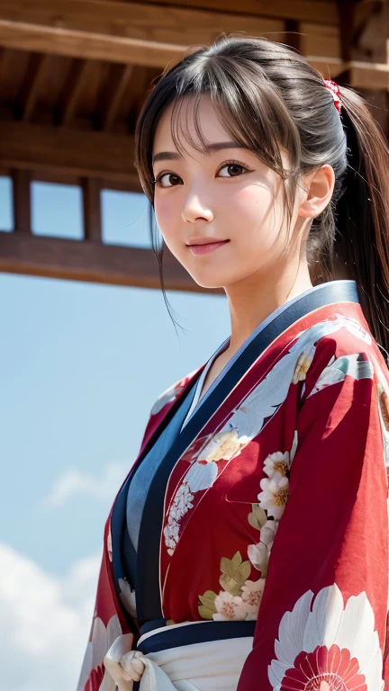 (Highest quality,masterpiece:1.3,Ultra-high resolution),(Very detailed,Caustics,8k),(Realistic:1.4,RAW shooting),21 years old,Japanese,cute,Black short ponytail,I'm looking at the camera with a smile on my face,Miko costume,forward leaning posture,Waist up shot,(Face Focus:1.2),(Face close-up:1.2),(Low position:1.3),(Low Angle:1.4),blue sky,Natural light、Red and white kimono、Decorative strings in hair、torii