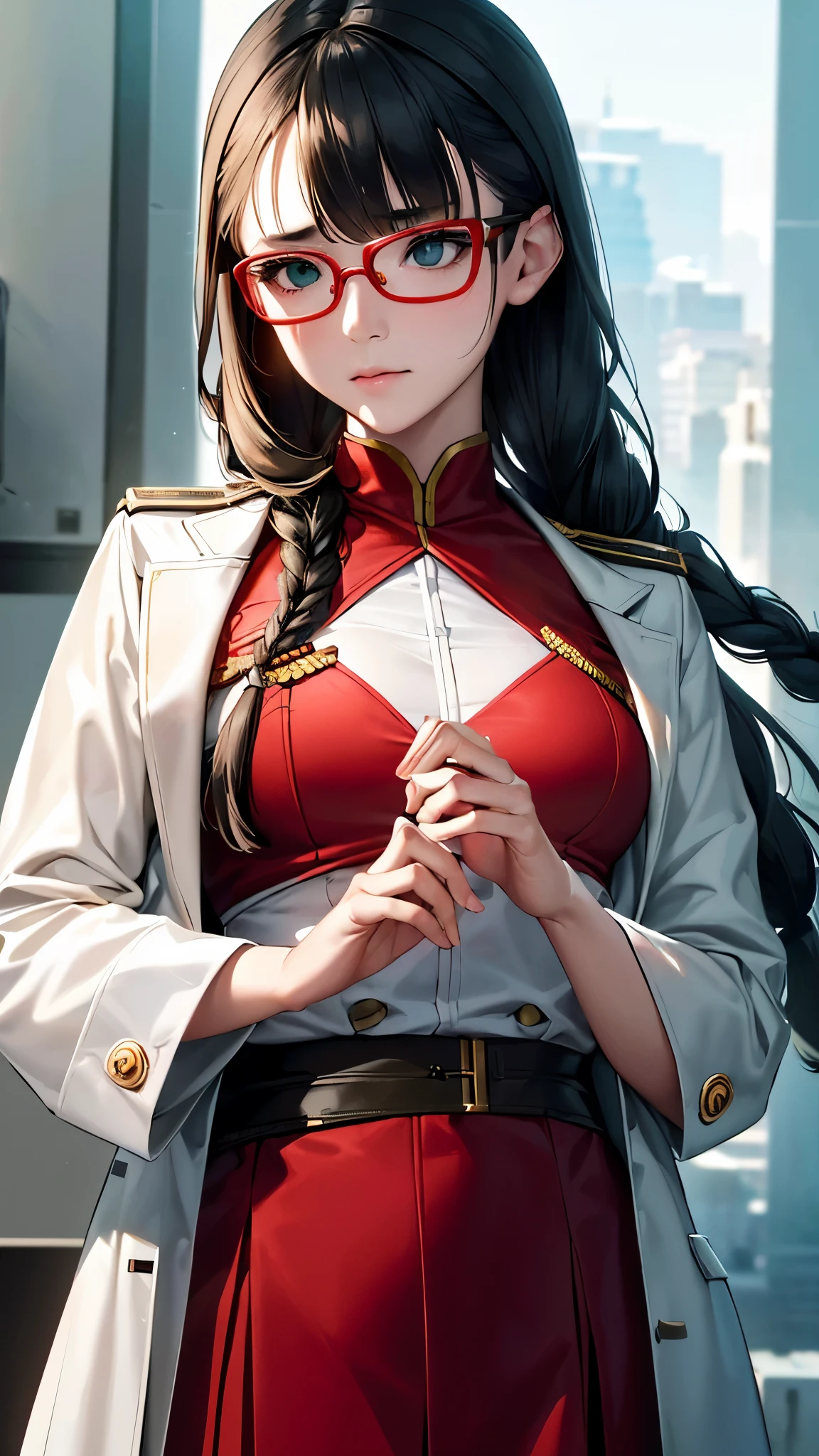 (Highest resolution),((Maximum eye detail))(Beautiful picture),Close-up photo,(Maximum face detail)),Sci-fi movie poster,(small breasts),(สไตล์ภาพscience fiction),(best quality),(Masterpiece),(Maximum face detail),((realistically,three dimensional face)), Maximum face resolution,adult,East Asian woman, figure,black hair,(Bangs),(double braid hairstyle),green eyes,((red glasses)),(high military uniform),Long skirt, white coat,future,science fiction,((ยืนอยู่บนลานบิน,ฐานทัพอากาศ,เครื่องบินรบ))