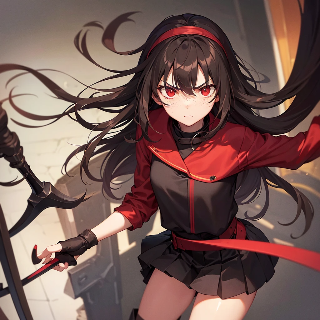 1 girl, long brown hair, red eyes, Freckles, fair skin, black headband, red jacket, black top, black skirt, black boots, long black socks, serious facial expression, Red ribbon, a sword in his hand, Fingerless glove