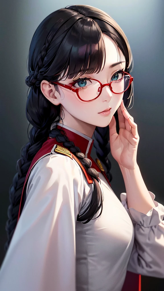 (Highest resolution),((Maximum eye detail))(Beautiful picture),Close-up photo,(Maximum face detail)),Sci-fi movie poster,(small breasts),(สไตล์ภาพscience fiction),(best quality),(Masterpiece),(Maximum face detail),((realistically,three dimensional face)), Maximum face resolution,adult,East Asian woman, figure,black hair,(Bangs),(double braid hairstyle),green eyes,((red glasses)),(high military uniform),Long skirt, white coat,future,science fiction,((ยืนอยู่บนลานบิน,ฐานทัพอากาศ,เครื่องบินรบ))