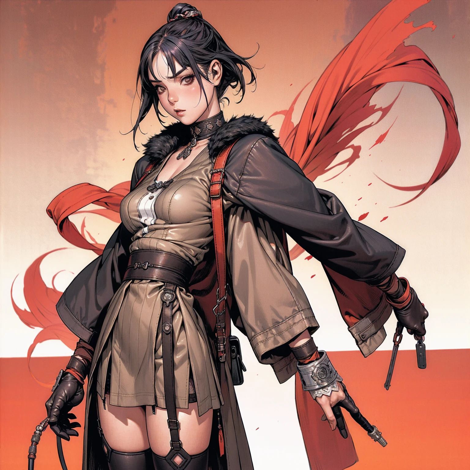 (((garter belt with stockings 3/4))), 1 girl, (((standing alone))), pirralha violent, (((full of leather straps wrapped around the arms))), 14歳, sexly, pose de atitude, work of art, post-apocalypse, (((manga style))), bounty hunter, violent, Manic, the way you want, slenderbody, thin but strong, perfectbody, roupa moderna, holding a samurai sword, messy bob hair, colored hair, (((best qualityer))), Mini skirt with pleats or short shorts with a checkered print in red and black, fur collar jacket, sleeves with vertical striped pattern, neutral background, (( cowboy shot )). intricate visual, Base Shiori, split color hair, hair ornament, choker, black dress with white ribbon, Black jacke, waist belt, asymmetrical pants, shinkiro art style, Masamune Shirow
