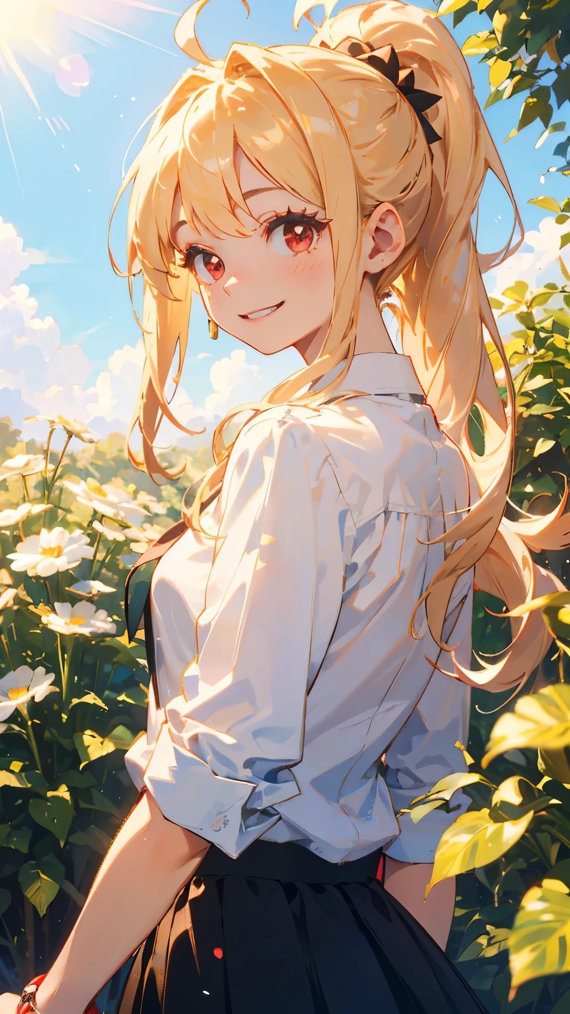 16-year-old girl、blonde、ponytail、Round red eyes、Ahoge、Small breasts、From the back、smile、Upper body close-up、white blouse shirt、Checked skirt、wood々Under the bright sunlight shining through、Sharp contours