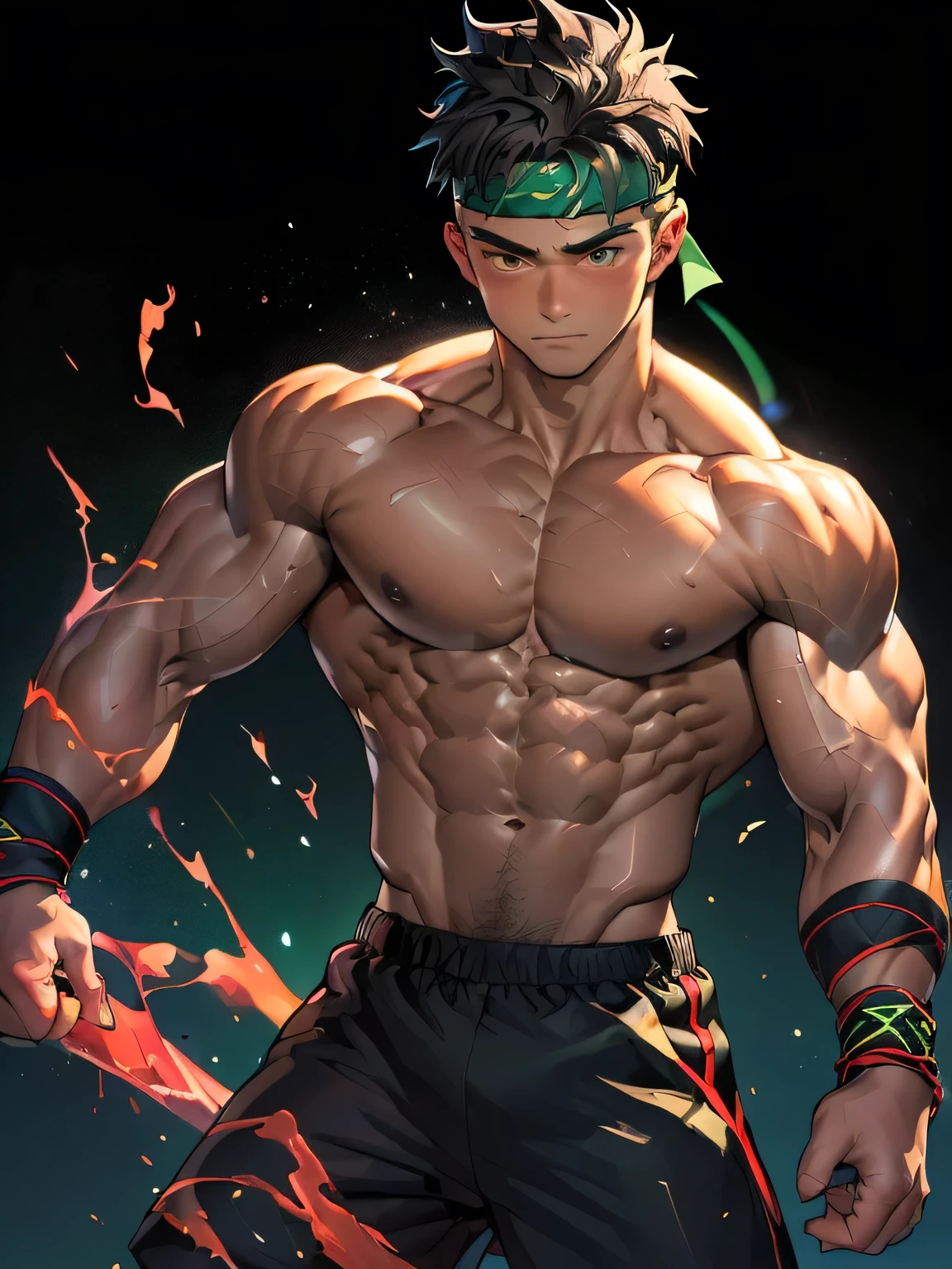 ((masterpiece, best quality)), (((((black background, deep night, bust shot))))), (19 year old boy, worm eyes, Young boy, muscler, Shirtless, topless), ((((1boy, flesh, tough, reliable, developed body, blue and green aura effect, holding aura energy)))), (Dark Short straight hair, ((almost completely shaved hair)), under cut, brown eyes), (((red headband, black wristband))), Vivid colors, ((hot Abs:1.2, abs!, big abs, big breast:1.2, chest!, muscler upper arms)), muscler!, muscler body, detailed face, detailed muscle, (((rippling muscles, boxing stance)))