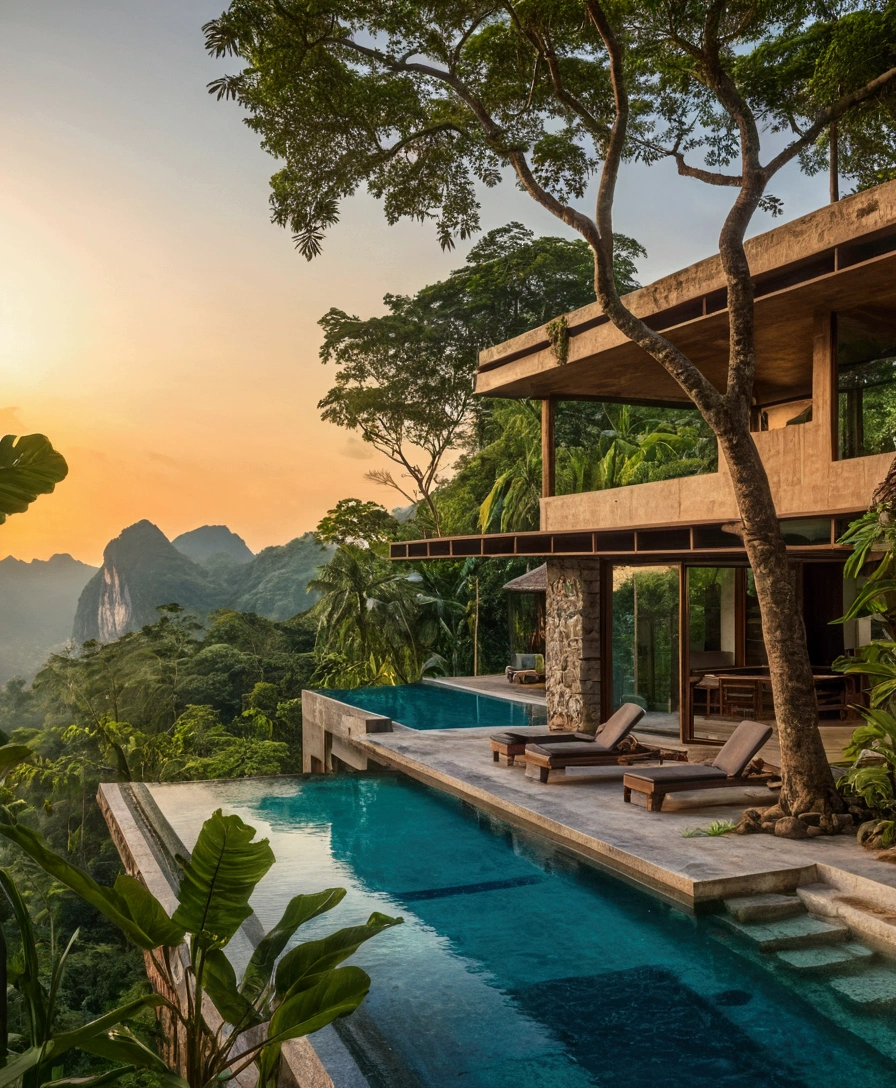 view of a swimming pool and a house with a mountain in the background, mountainous jungle scenery, scenery in nature, stunning nature in the background, very close to real nature, integrated in the mountains, stunningly beautiful, paradise in the background, epic and stunning, beautiful place, beautiful and aesthetic, stunning vista, stunning vista, vibrant scenery, por Seb McKinnon, jungle scenery
