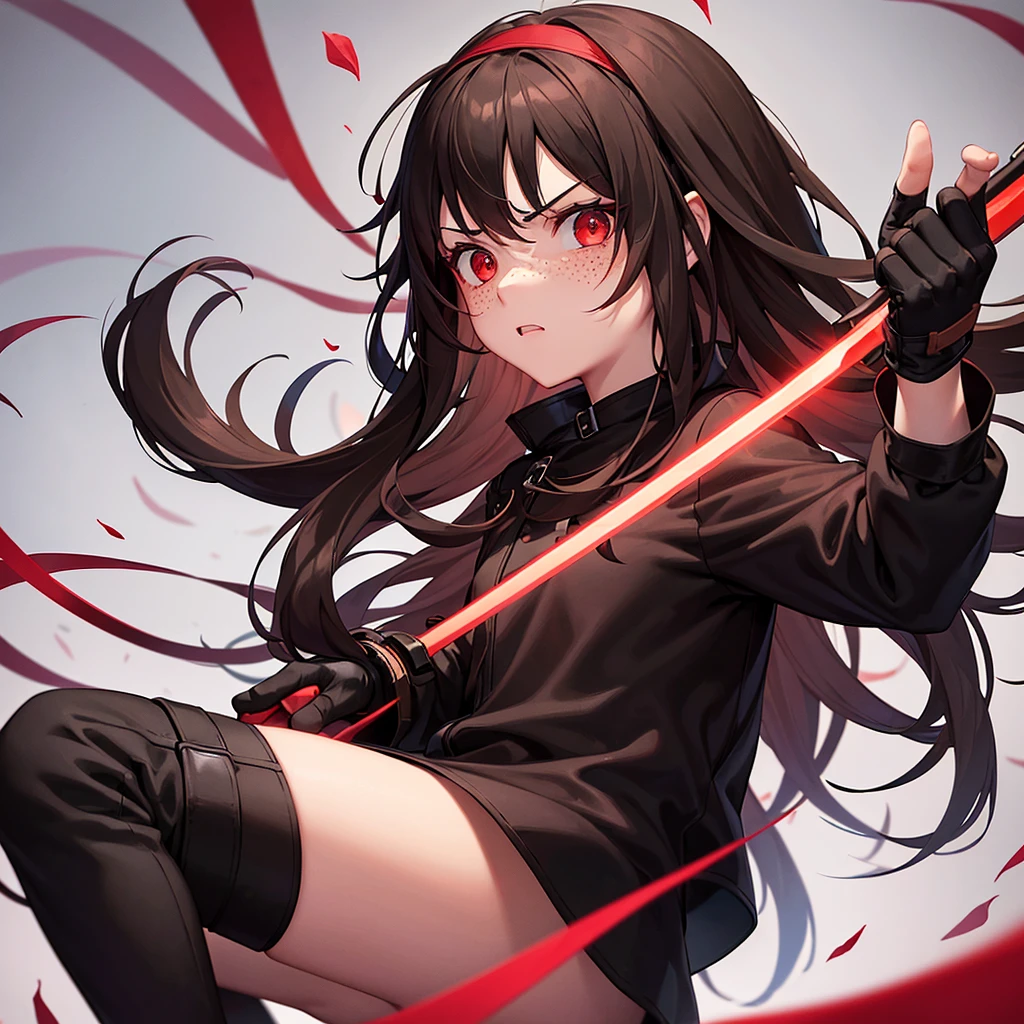 1 girl, long brown hair, red eyes, Freckles, fair skin, black headband, red jacket, black top, black skirt, black boots, long black socks, serious facial expression, Red ribbon, a sword in his hand, Fingerless glove
