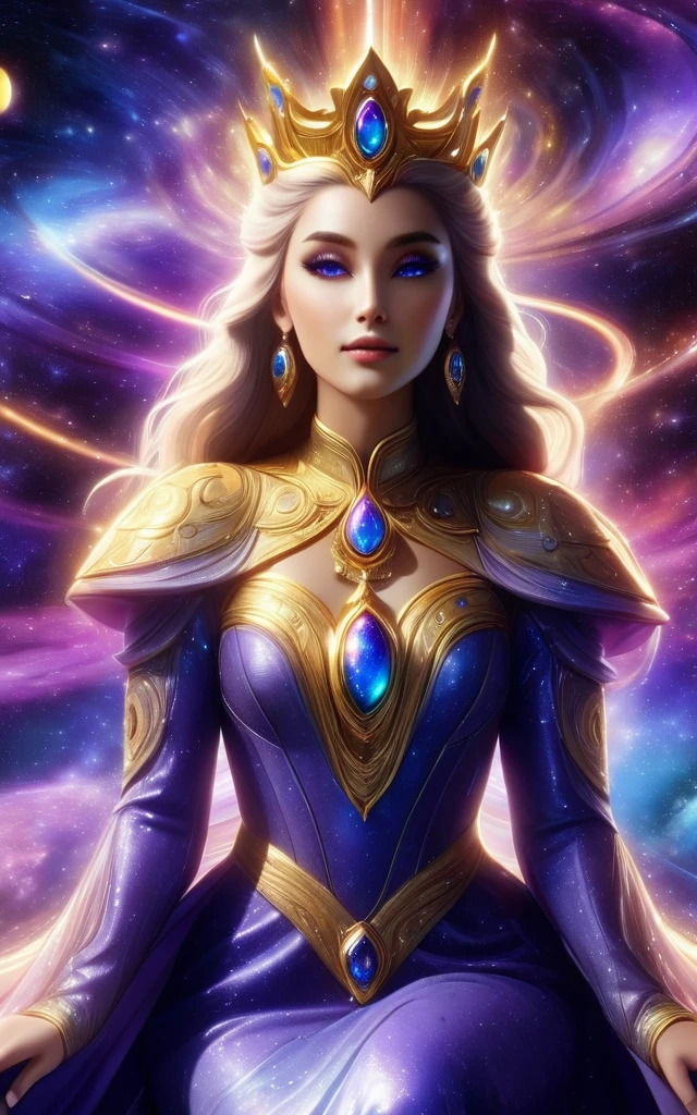 (Celestial Empress:1.2), (cosmic queen:1.2), flowing luminescent gown, stardust and galaxies, ((masterpiece:1.4, best quality)), ((masterpiece, best quality)), (photo realistic:1.4), 1woman, (regal empress), ((hair like a river of light)), shimmering stars, celestial bodies, majestic throne, meteorite throne, precious gems, glowing nebulae, vibrant auroras, swirling galaxies, distant planets, wise eyes, serene expression, commanding presence, cosmic space, deep blues, purples, radiant golds, silvers, comets, Saturn-like rings, cosmic dust, soft radiant lighting, intricate details, majestic, enchanting, otherworldly, celestial beauty, Rich Detail, Perfect Image Quality