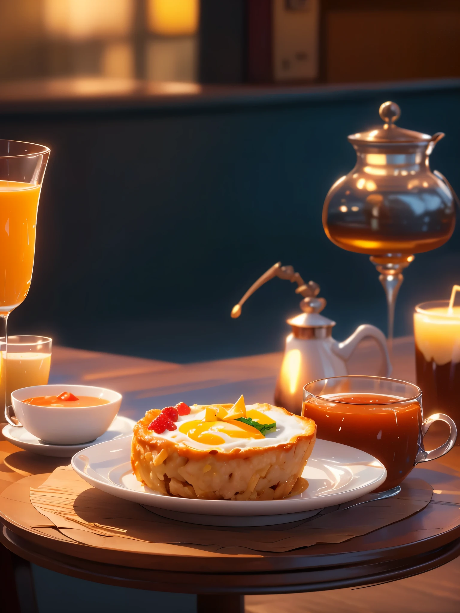 A cup of late on a table with breakfast foods in the morning, mesmerizing light, cinematic, photographic angle, high quality, uhd , 8k
