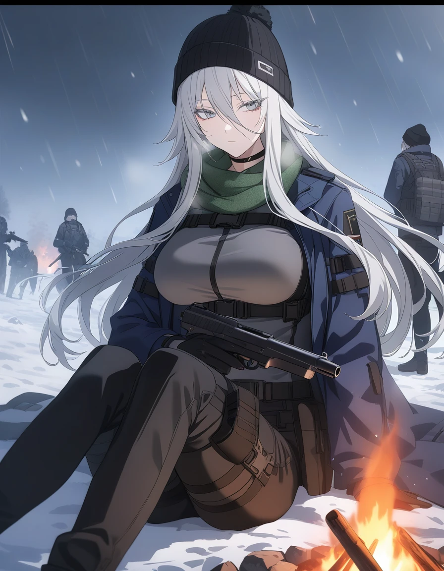 sovetsky_Soyuz, grey hair, long hair, tactical jacket, blue winter jacket, black pants, choker, webbed belt, tactical, pouches, large breasts, chest armor, first rate breasts, grey eyes, sharp eyes, Long eyelashes, eye shadow, ominous vibe, expressionless, stoic, relaxing, Ultra quality, UHD, high detail, anime aesthetic, Anime screenshot, Ultra quality, UHD, high detail. Winter, snowstorm, battlefield, breath vapor, black beanie, green scarf, handgun, firearm, sitting, campfire