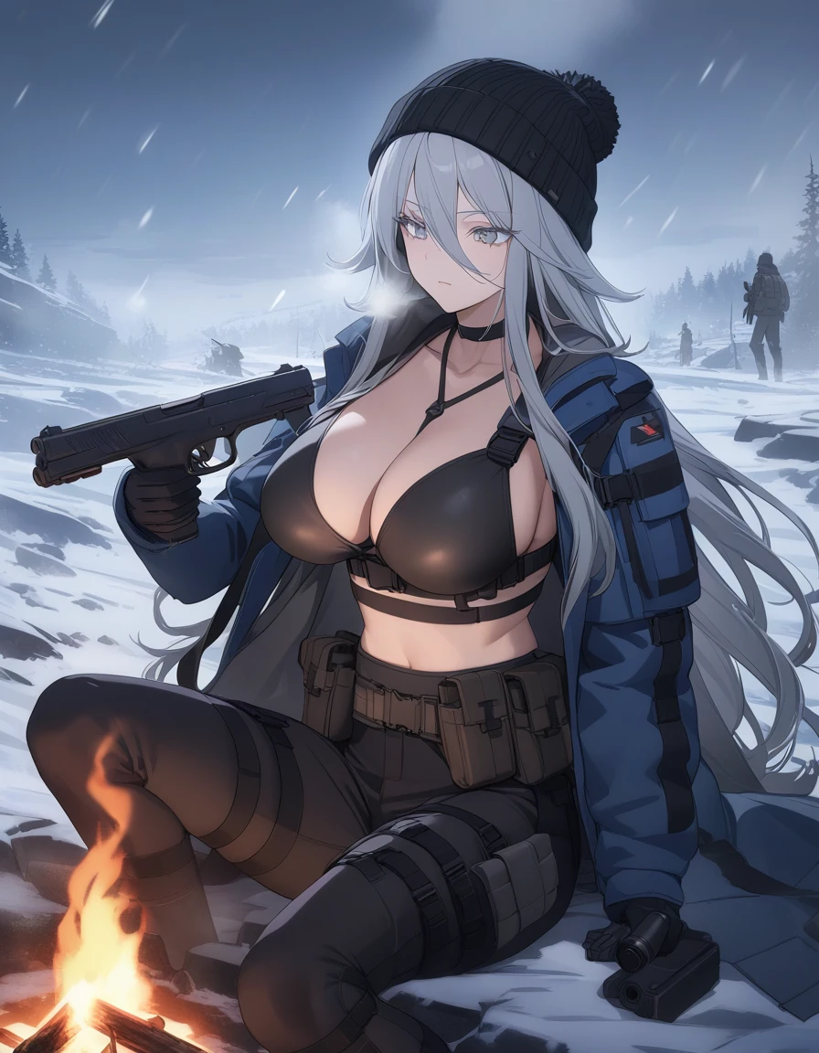 sovetsky_Soyuz, grey hair, long hair, tactical jacket, blue winter jacket, black pants, choker, webbed belt, tactical, pouches, large breasts, chest armor, first rate breasts, grey eyes, sharp eyes, Long eyelashes, eye shadow, ominous vibe, expressionless, stoic, relaxing, Ultra quality, UHD, high detail, anime aesthetic, Anime screenshot, Ultra quality, UHD, high detail. Winter, snowstorm, battlefield, breath vapor, black beanie, green scarf, handgun, firearm, sitting, campfire