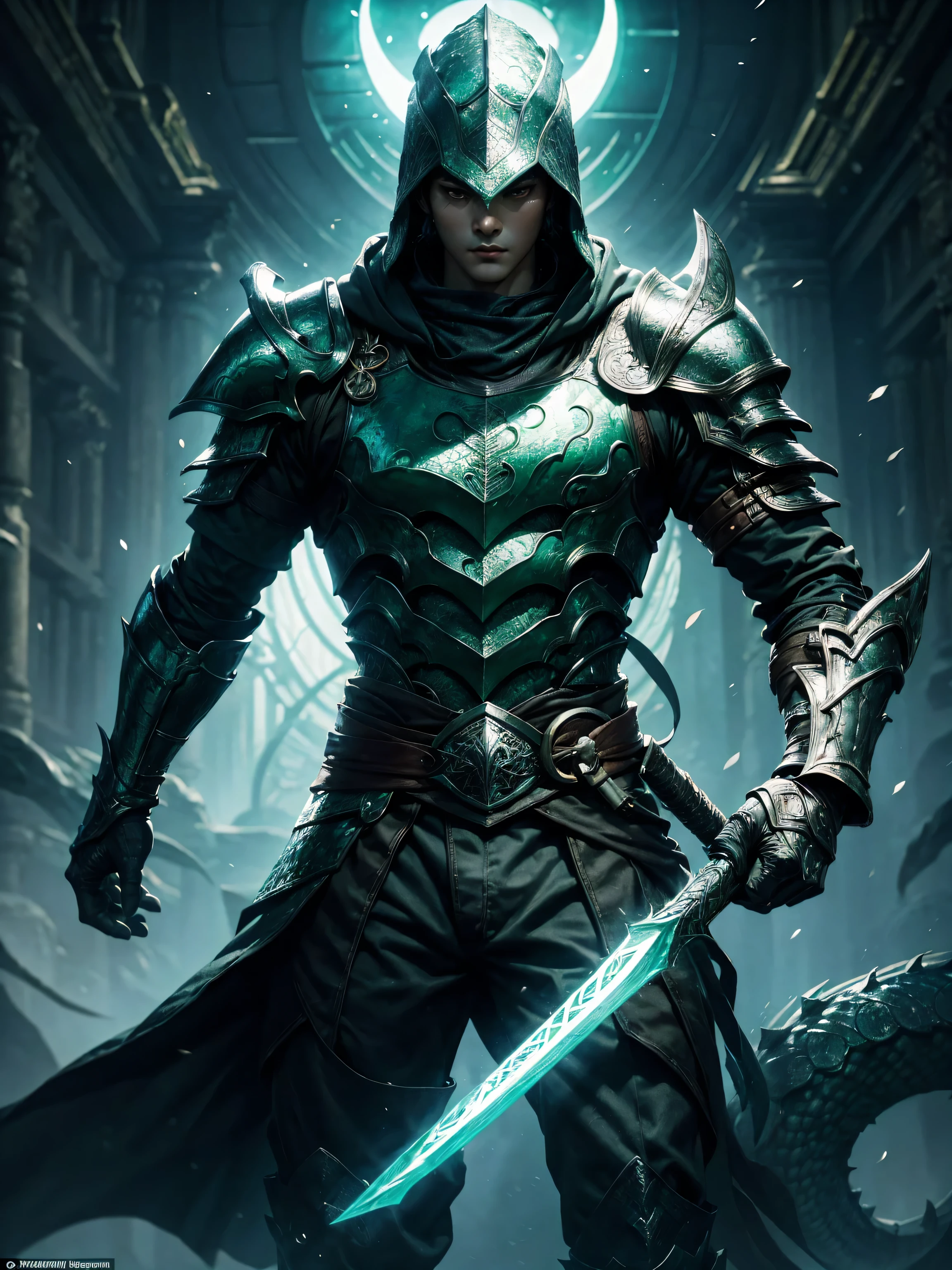 (Name: Cha Eun Woo), Dragonborn from skyrim, hooded down, Detailed, Handsome, Green Eyes Color, In a Castle, White glow effect, , perfect anatomy,