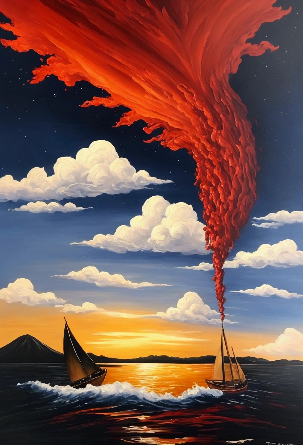 real image（（oil paint ））Landscape painting,Acrylic painting，Brushstrokes，With incomparable realism,ultra wide,sinister skies,sailboats,wooden boats,Lotus,huge waves,starry Night,Harry Potter,volumetric lighting,Clear,realist,Tiago Gurney,art stations，（（Oil paint was applied.red collar , Red , fire , volcano 