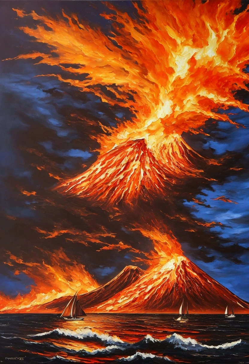 real image（（oil paint ））Landscape painting,Acrylic painting，Brushstrokes，With incomparable realism,ultra wide,sinister skies,sailboats,wooden boats,Lotus,huge waves,starry Night,Harry Potter,volumetric lighting,Clear,realist,Tiago Gurney,art stations，（（Oil paint was applied.red collar , Red , fire , volcano 