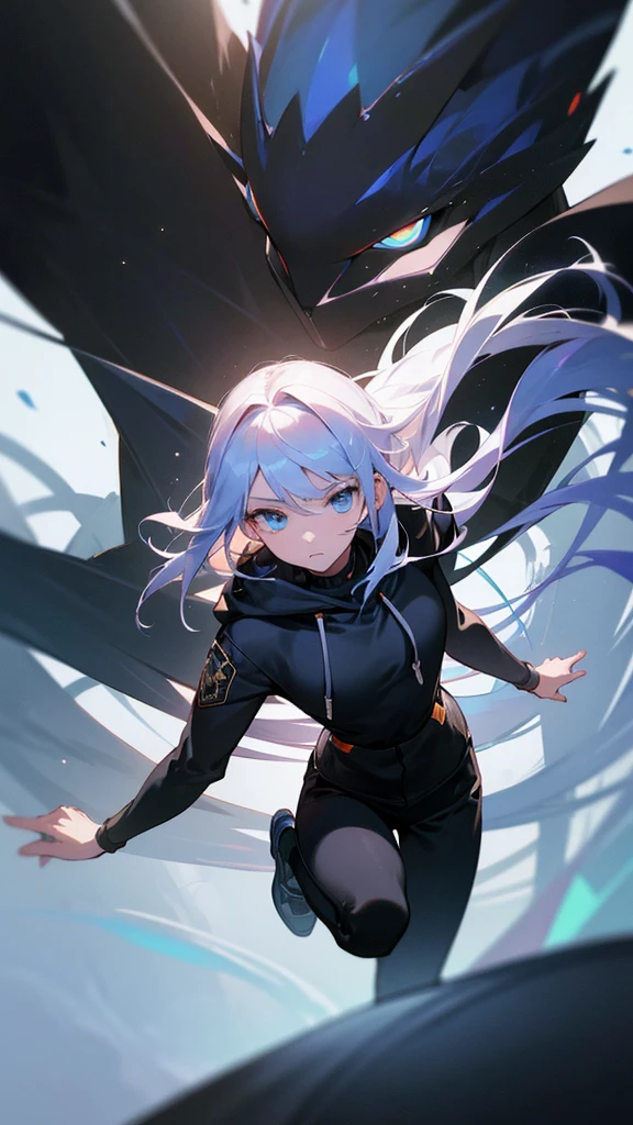 masterpiece, Best Quality, High resolution, Very detailed, 1 ( adolescent ), very young and pretty face, by white ( light in hair), blue eyes ( bright Eyes ), cold expression ( unhappy expression ), wearing a black hoodie, and black pants, black watch, surrounded by the splendors of the universe, pay attention to impressive details, and achieve 128k resolution, floating in a dynamic pose, high quality, with a majestic aura of authority, Whole body, jungle, bejetation, animals from another planet