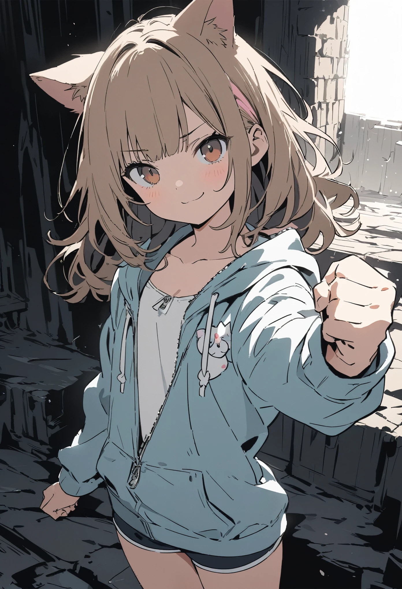 ((Masterpiece)), ((best quality)), ((kawaii)), (flat color), (flat shading), (super detail:1.2),(High Definition:1.3), (Professional Photography:1.2), (wide shot), (sharp focus), (perfect light), (drop shadow), (()), (1girl), (streaked hair), messy medium hair, Beautiful collarbone, (cute hoodie with zipper), cleavage, cu shorts, (Healthy slim body), (loose blunt bangs), Slender body, glossy skin, (smug), (:3), ((Beautiful brown eyes)), Textured skin, (Cat ears), Pale brown hair, Cute Beautiful Girl, (slightly exposed small chest), BREAK, ((best quality)), Dynamic angles, ((raise fist)), (in the Mossy abandoned church), (sharp focus), perfect hands, (perfect light),