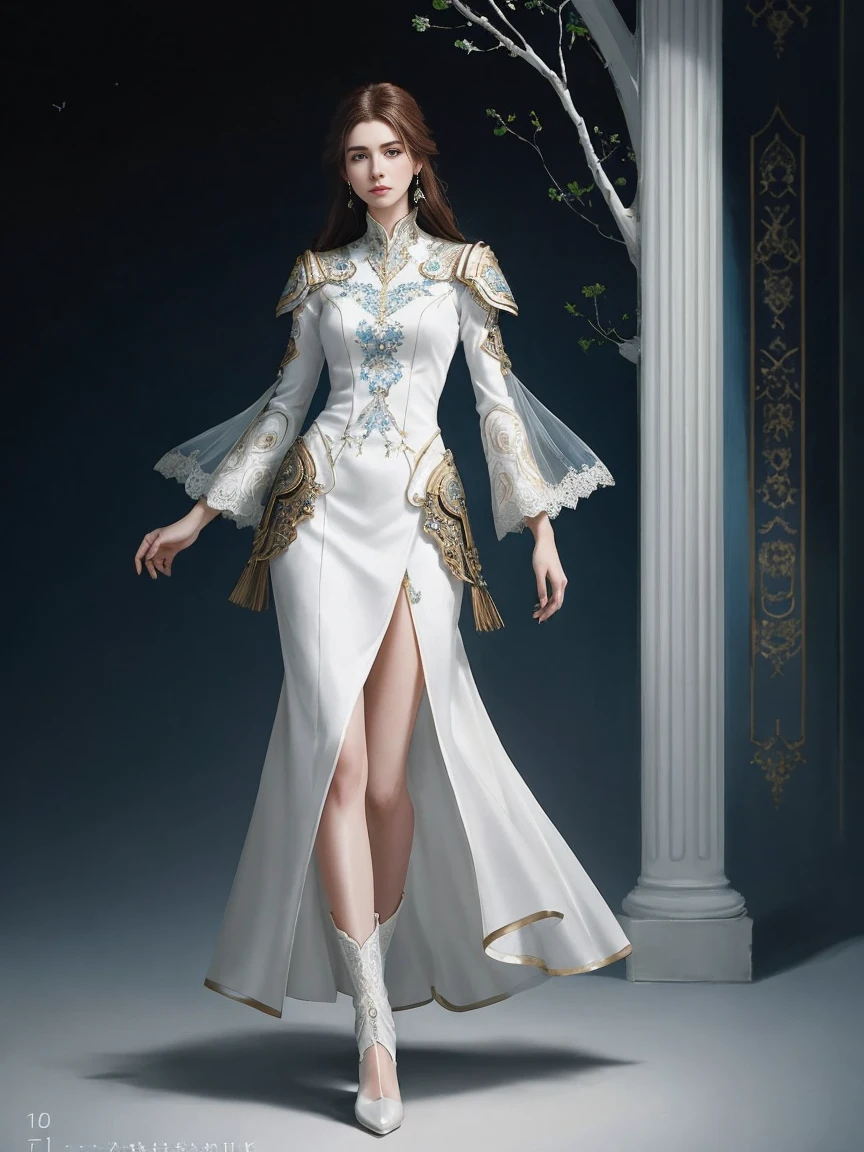 (((Full body photo)))  White clothes, 8k portrait of a beautiful cyborg with brown hair，Intricate，elegance，very meticulous，captivating blue eyes，a majestic，digital photography，Artistic germination and art of Ruan Jia and Greg Rutkovsky surreal painting lace，broken glasasterpiece，side opening，Exquisite and beautiful eyes.：1.2 ), human development report,