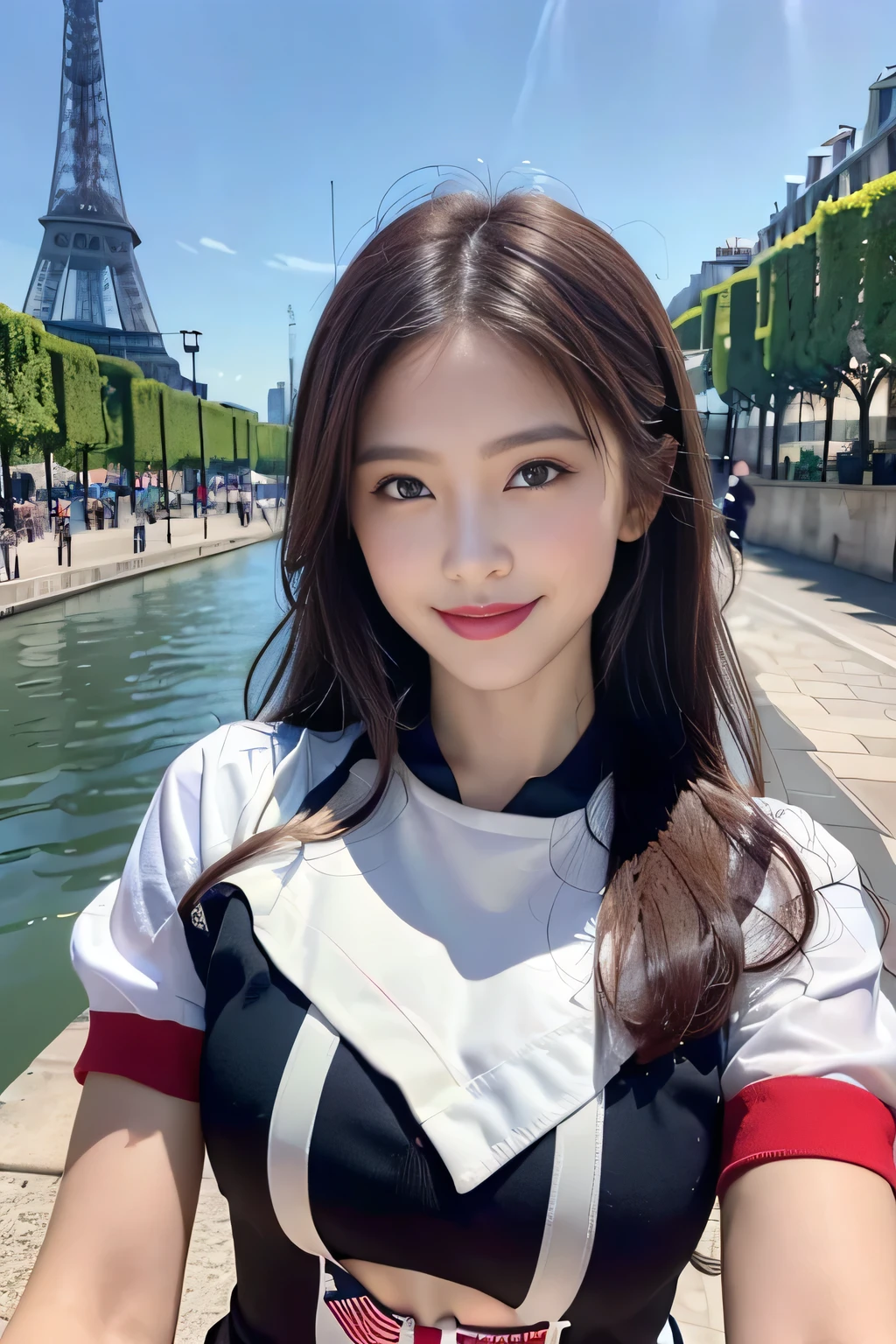 (((Women supporting the Paris Olympics:1.3))),(((International flags on the streets of Paris))),(((Eiffel Tower in the background))),(((The Seine in the background))),(((American flag themed costume:1.3))),((smile:1.3))),(Stars and Stripes),(masterpiece,Highest quality,Ultra-high resolution output images,Write Boundary Depth,Intricate details,Add depth to your subject with contrast between light and shadow,Anatomically correct facial structure),(Picture Mode Ultra HD,)