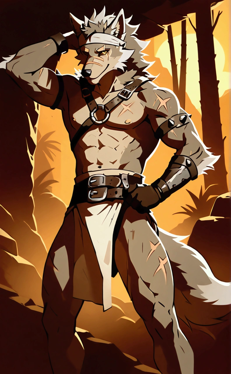 Solo Sexy anthro furry wolf male; ancient Mediterranean desert warrior; slim mesomorph handsome model apperance apperance; boy's messy short hair headband; sexy toned muscules; sword scars; worn out rusty sexy skimpy armament. He has low on hips heavy leather studded heavy belt. he has narrow in the crotch very old worn out jockstrap (smelly jockstrap fetish); His jockstrap it is made of old white linen material sewn together from a few pieces, it has never been washed, it is dirty and has stains from secretions of dried semen and sweat; His armor is old heavy brown harness with armlets studded with spikes; he has old brown leather BFR Bands on Biceps and his thighs, he has old worn out fingerless leather gloves. Even though he is a handsome and sexy man, he has a sloppy appearance, has disheveled unwashed dirty fur, dirty body look. He stands proudly bravely with one foot on a higher stone in the Mediterranean sunny pine forest; he has a proud, threatening and defiant expression on his face, with little dirty dangerous smile;