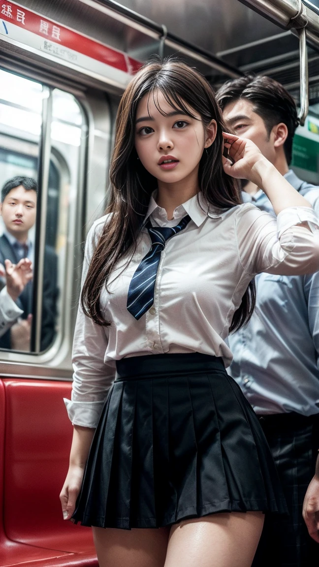 masterpiece, Highest quality, 8k, Young and beautiful girl, 、The clothes are big、photo shoot, Cute Face, Thighs, (((A lot of men、crowded train、in the train、Surrounded by men、Being touched、Being molested))) (((Embarrassing)))、Embarrassing、No makeup, 10 generations, Detailed face, Background Blur、Tight waist、((((School uniforms、White shirt、Checked mini skirt、Lift up your skirt、Showing pussy、Show me your pussy)))), short hair、Light brown hair、((痛みに耐えながら自分でLift up your skirtください..))、Bright classroom、Thighs、Spread your legs、short hair、(Droopy eyes、Round face、Lovely)、((Many Hands、Please touch my whole body))、(Please be molested by a lot of men、I&#39;ve been molested from behind)、genital、Sticky body、