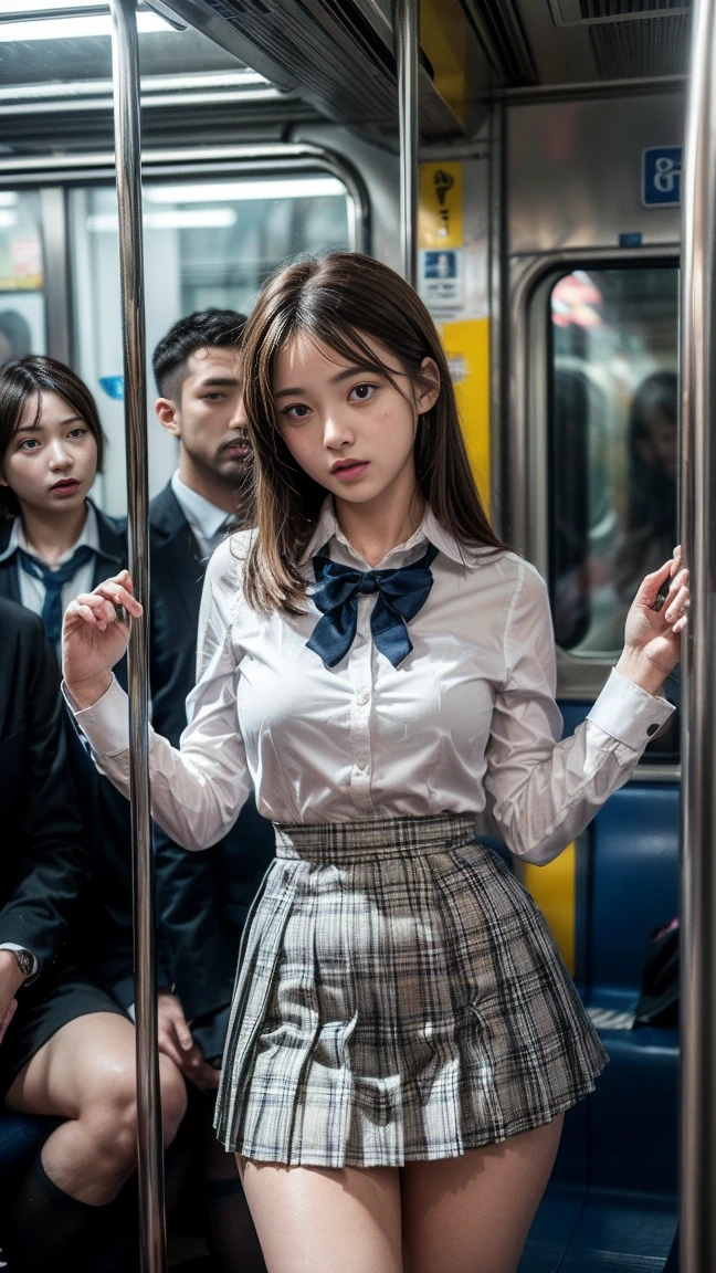 masterpiece, Highest quality, 8k, Young and beautiful girl, 、The clothes are big、photo shoot, Cute Face, Thighs, (((A lot of men、crowded train、in the train、Surrounded by men、Being touched、Being molested))) (((Embarrassing)))、Embarrassing、No makeup, 10 generations, Detailed face, Background Blur、Tight waist、((((School uniforms、White shirt、Checked mini skirt、Lift up your skirt、Showing pussy、Show me your pussy)))), short hair、Light brown hair、((痛みに耐えながら自分でLift up your skirtください..))、Bright classroom、Thighs、Spread your legs、short hair、(Droopy eyes、Round face、Lovely)、((Many Hands、Please touch my whole body))、(Please be molested by a lot of men、I&#39;ve been molested from behind)、genital、Sticky body、