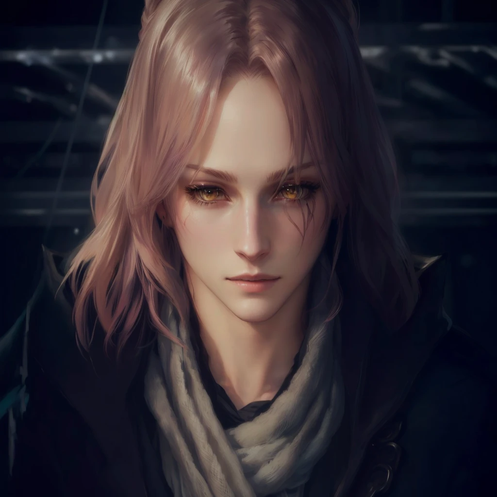 a close-up of a person with a scarf on a dark background, from final fantasy xiii, Character up close, close do personagem, final fantasy face, female character, from final fantasy, Character up close, highley detailed face, johan liebert mixed with alucard, portrait of thancred, realistic shaded perfect face, final fantasy character, blessed waters