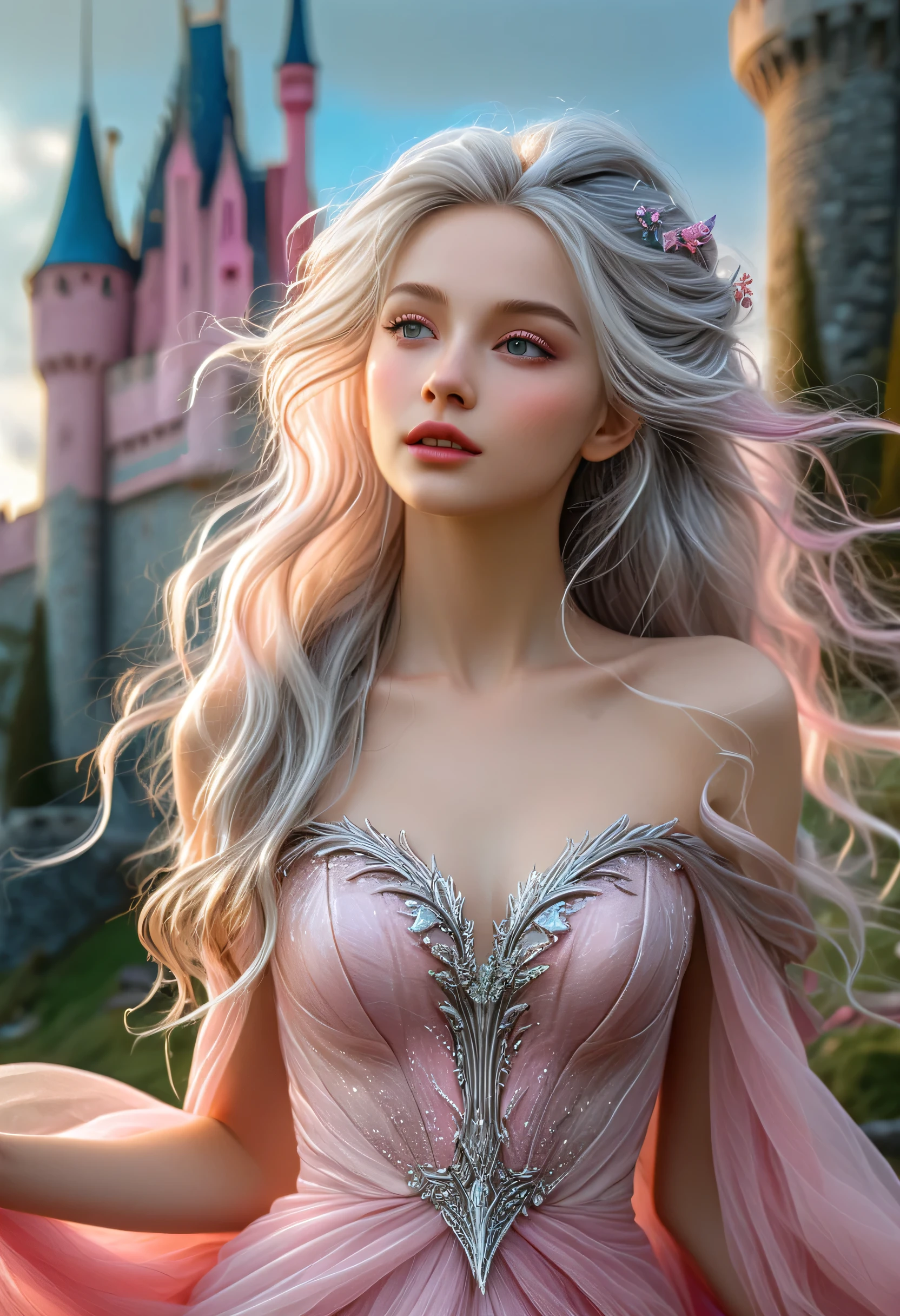 high qualiy, 8k ultra-HD, hyper-realistic portrait of a captivating woman.
A mysteriously charming young fairy with cascading silver curls, a porcelain complexion, and eyes that shine like hazelnut gems, sits elegantly next to a majestic castle. Dressed in a delicate flowing pink dress, she exudes an air of ethereal beauty. This vivid portrait, whether painted or photographed, captures your captivating presence with exquisite details and expertly rendered textures. An epitome of grace and elegance, evokes a sense of otherworldly enchantment, making the viewer feel as if they have entered a fairy tale.