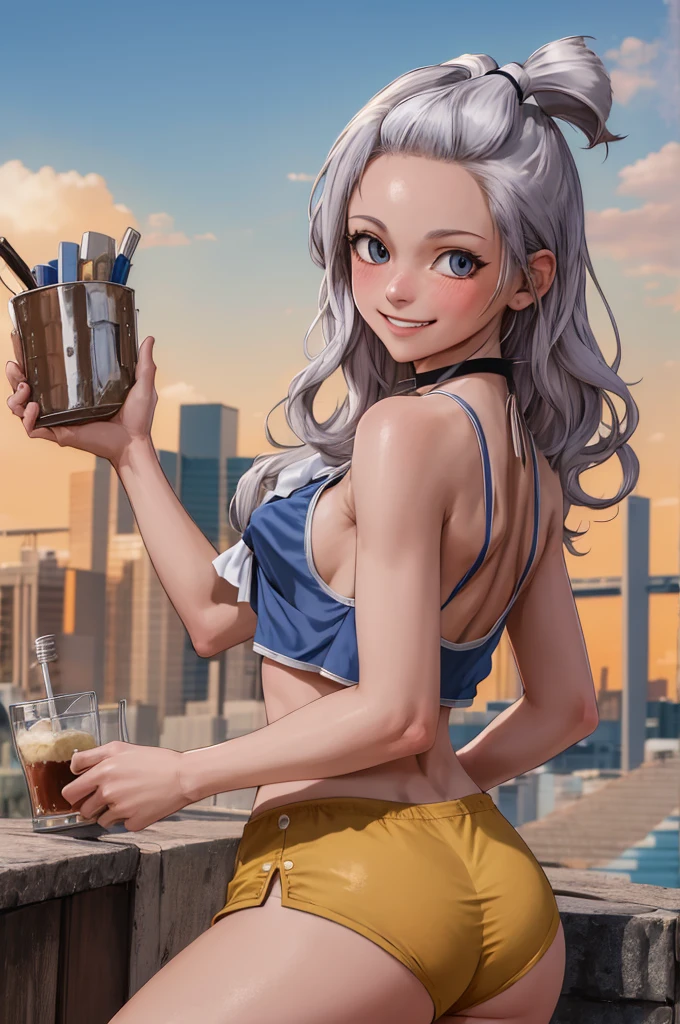 masterpiece, best quality, highres, Amira, long hair, bangs pinned back, topknot, forehead, choker, bare shoulder, cleavage, mini shorts , small bra,bow, sleeveless, cowboy shot, standing, outdoors, bar, smile, shy, blushing smile,showing ass