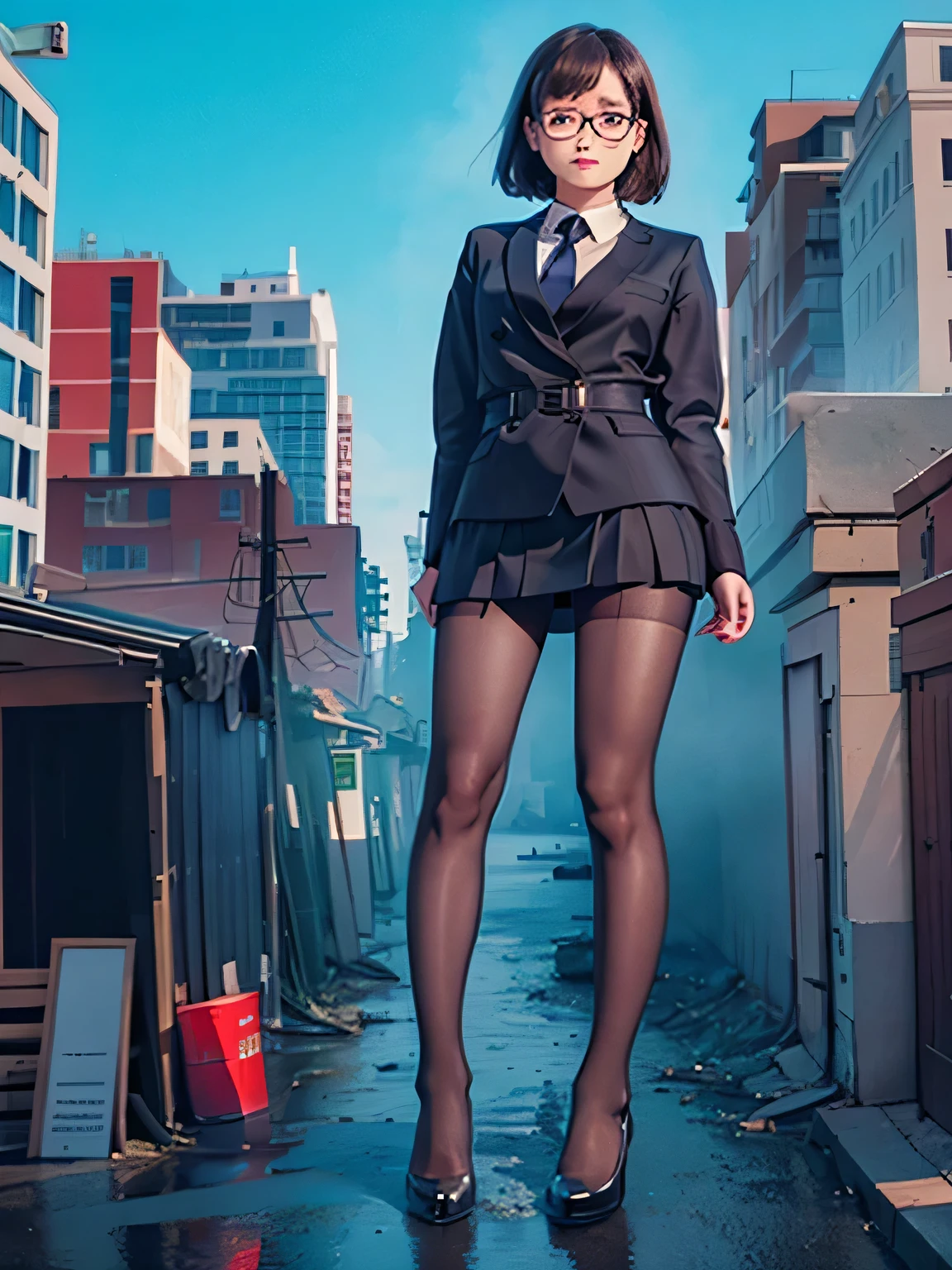 multiple girls, 3girls, standing, giantess art, highly detailed giantess shots, giantess, most detailed, perfect face, Two legs, Five fingers, short hair, A high school girl who is bigger than a skyscraper, Wearing rimless glasses, smile, huge breasts, Navy blazer, Red tie, mini skirt, black pantyhose, no shoes on, toes visible through pantyhose, Steam coming out from the soles of my feet, seaside metropolis, numerous miniature warships on the sea, Destroying cities, Under heavy attack, A very small big city, Miniature metropolis, Full body description, GTS, giga giantess, stomping city, crash city, tiny city, micro city, pantyhose feet, High resolution, highest quality, masterpiece, 